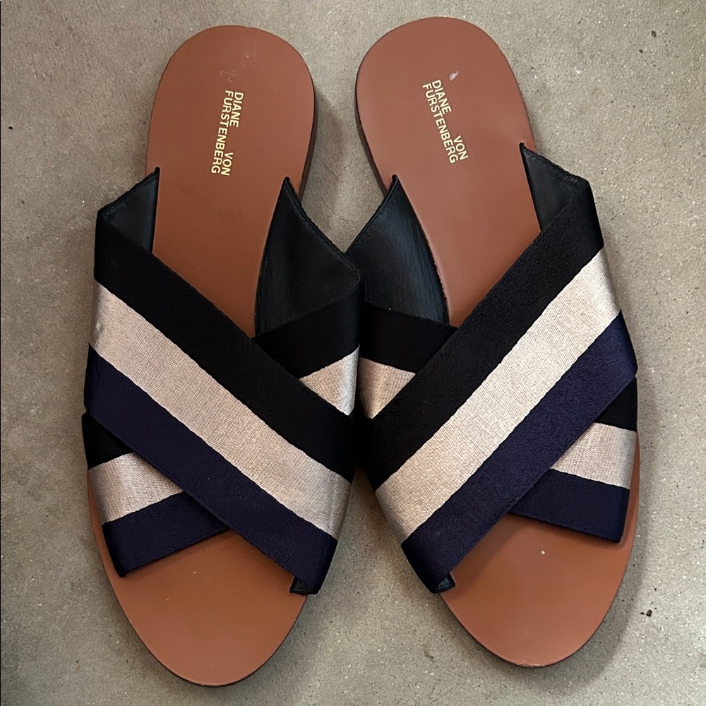 Diane Von Furstenberg Black and Cream Striped Sandals